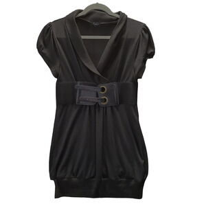 Rhapsody Womens Belted Dress Black Size Medium Pullover Short Sleeve